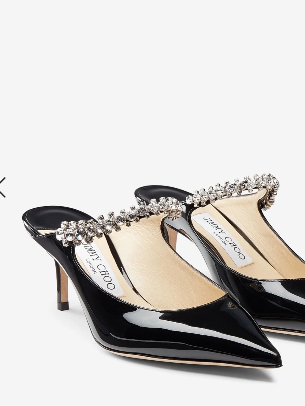 Jimmy Choo Black Patent Leather Crystal-Strap Pointed Mules